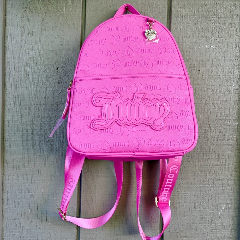 Juicy Couture Bright Pink Embossed Mini Backpack with Gold Heart Charm